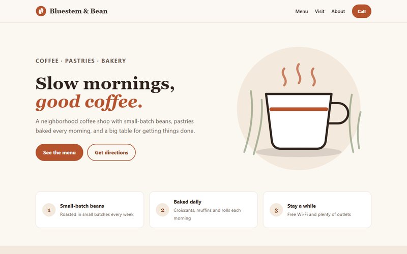 Sample website for a fictional coffee shop